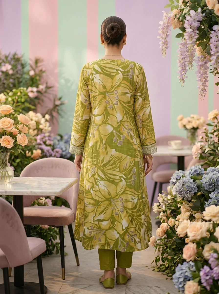 Green Muslin Floral Printed Three Piece Set - Image 2