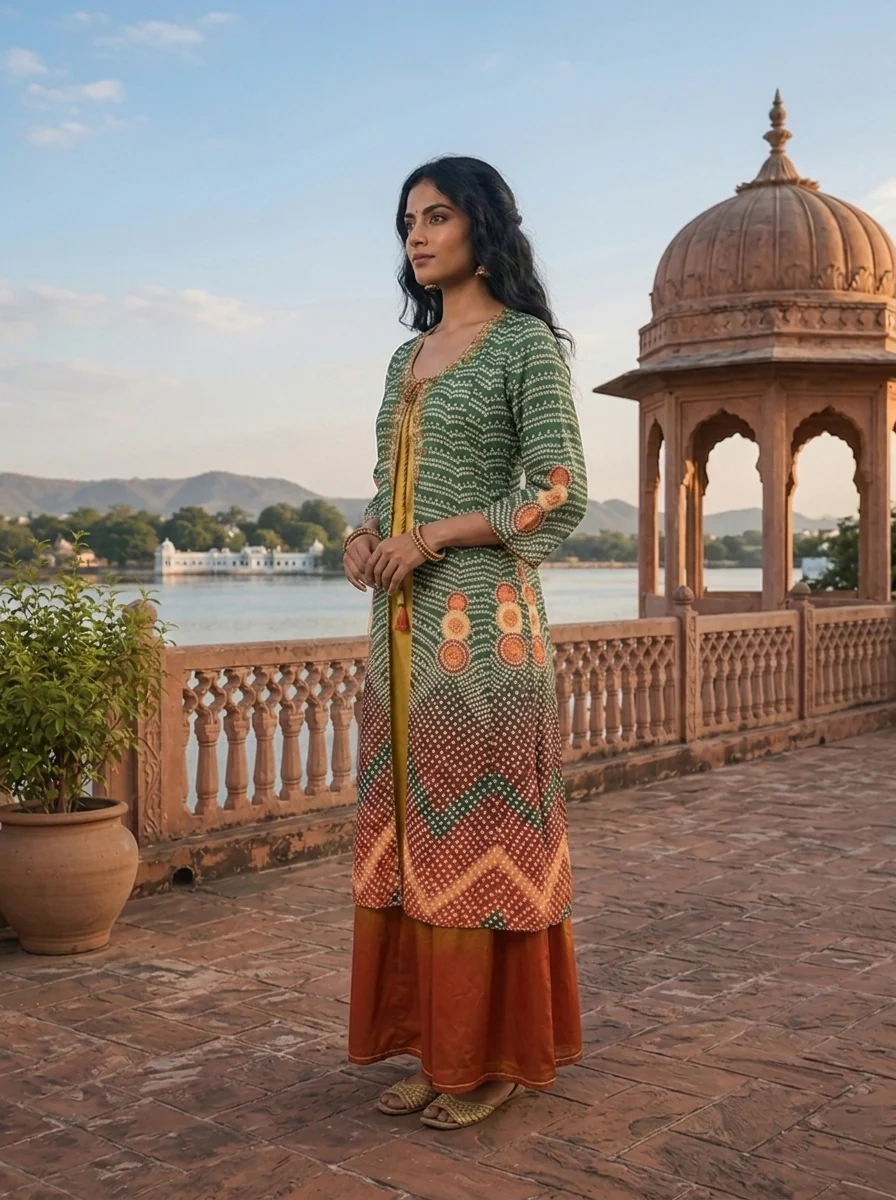 Green Muslin Ombre Bandhani Printed Dress - Image 3