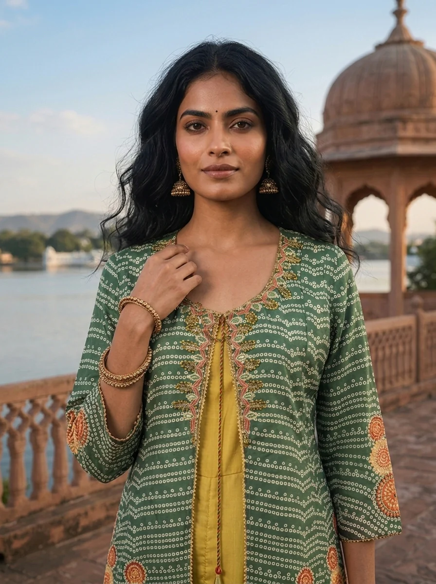 Green Muslin Ombre Bandhani Printed Dress - Image 4