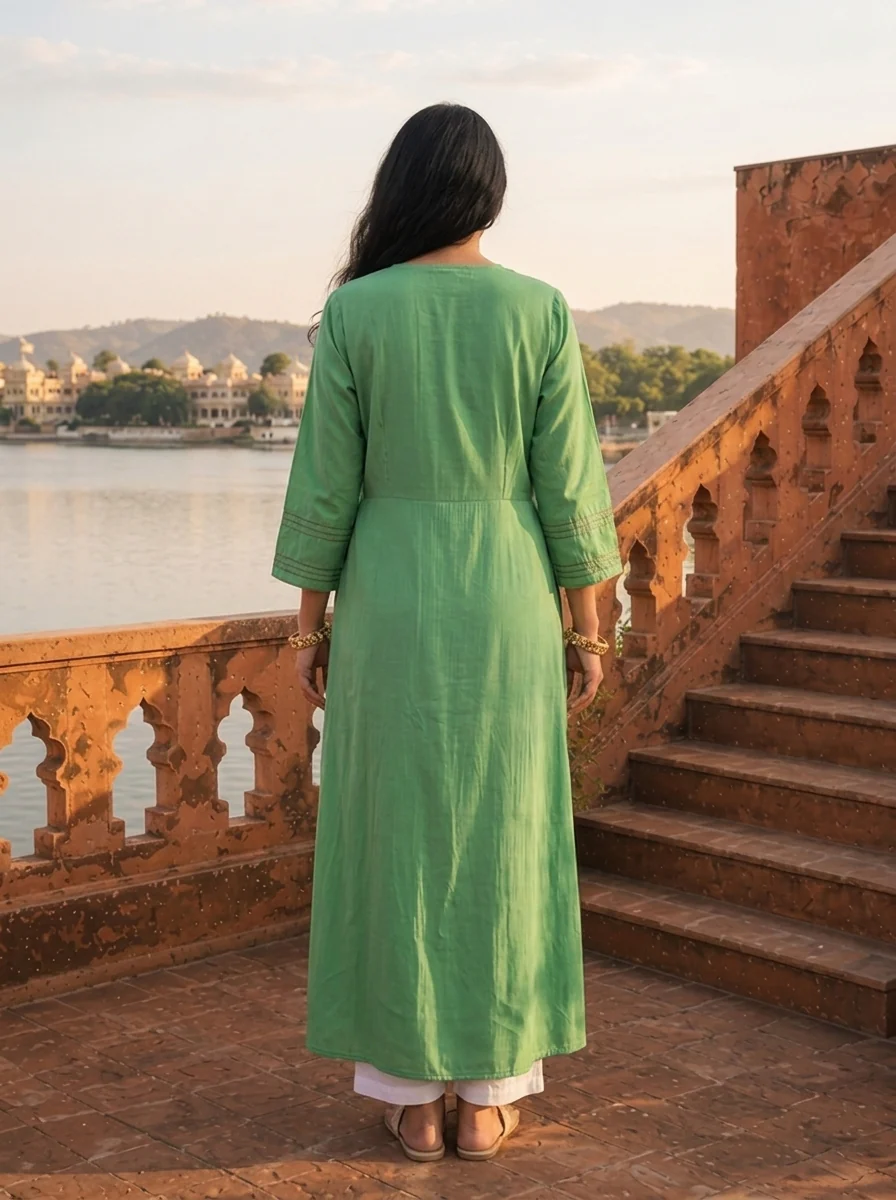 Green Muslin Pintuck Floral Embroidered Dress - Image 2