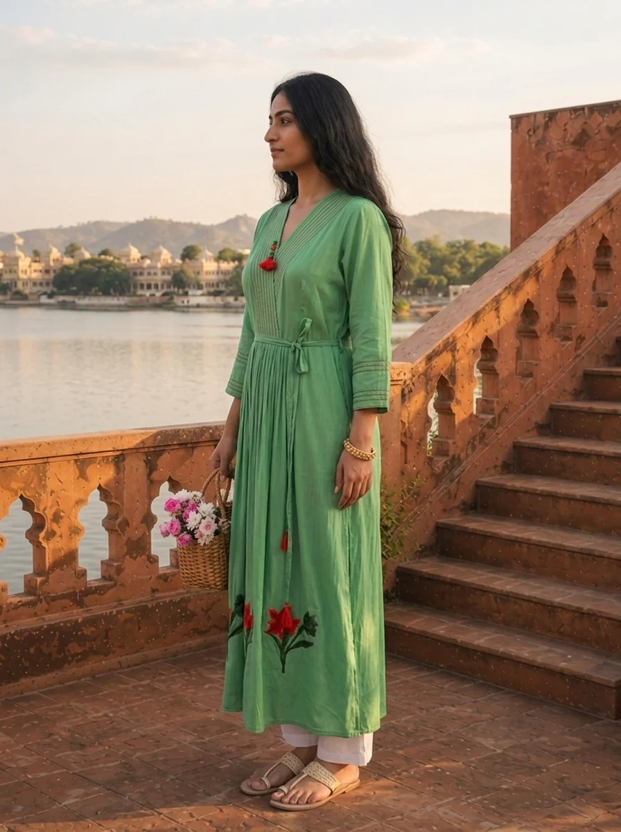 Green Muslin Pintuck Floral Embroidered Dress - Image 3