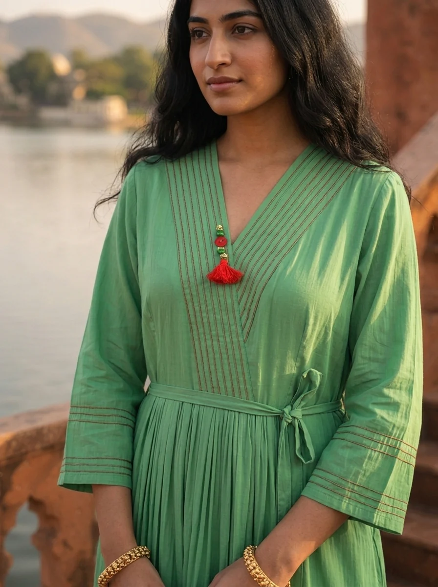 Green Muslin Pintuck Floral Embroidered Dress - Image 4