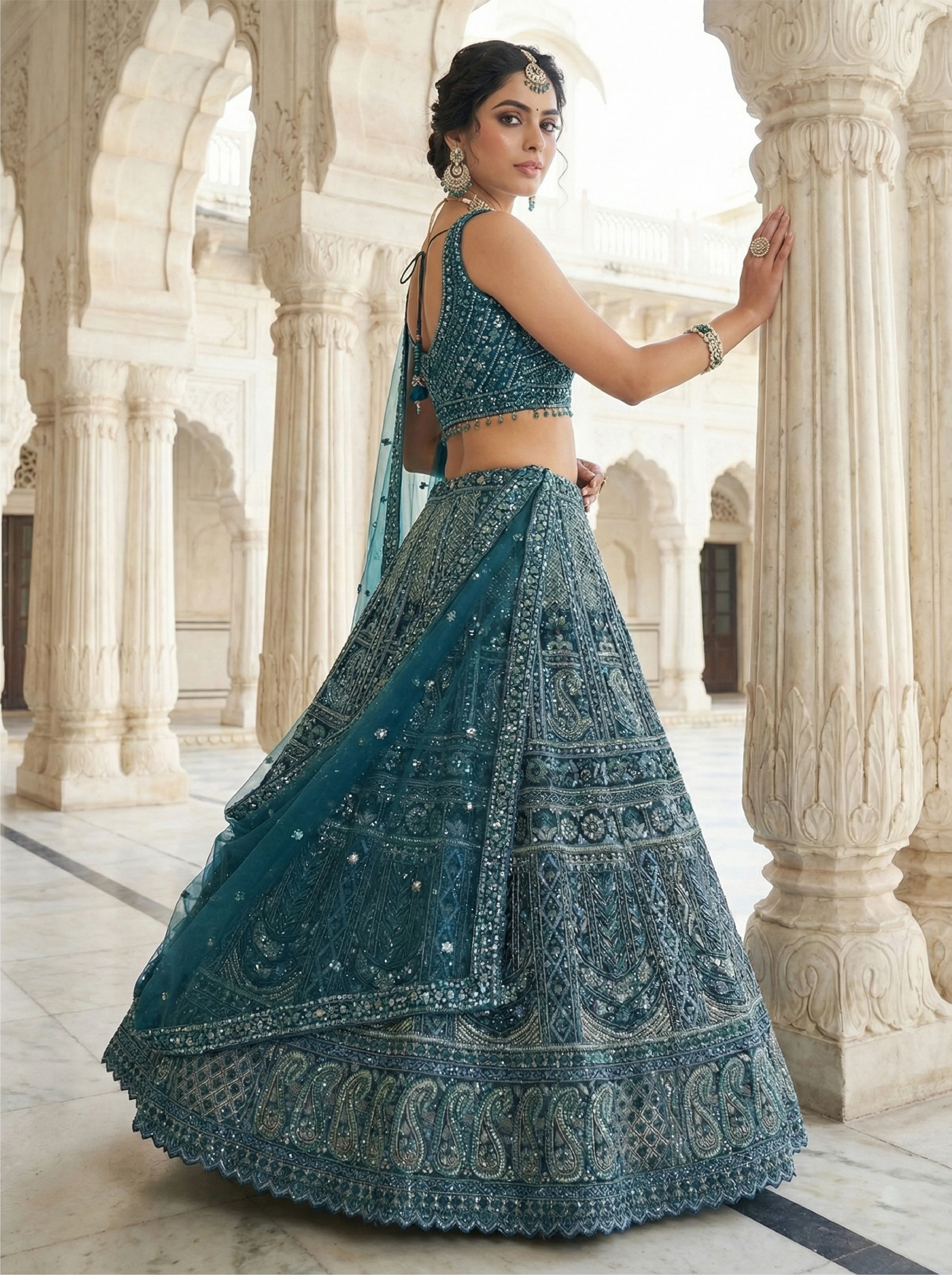 Green Net Heavy Hand Embroidered Ghagra Set - Image 2