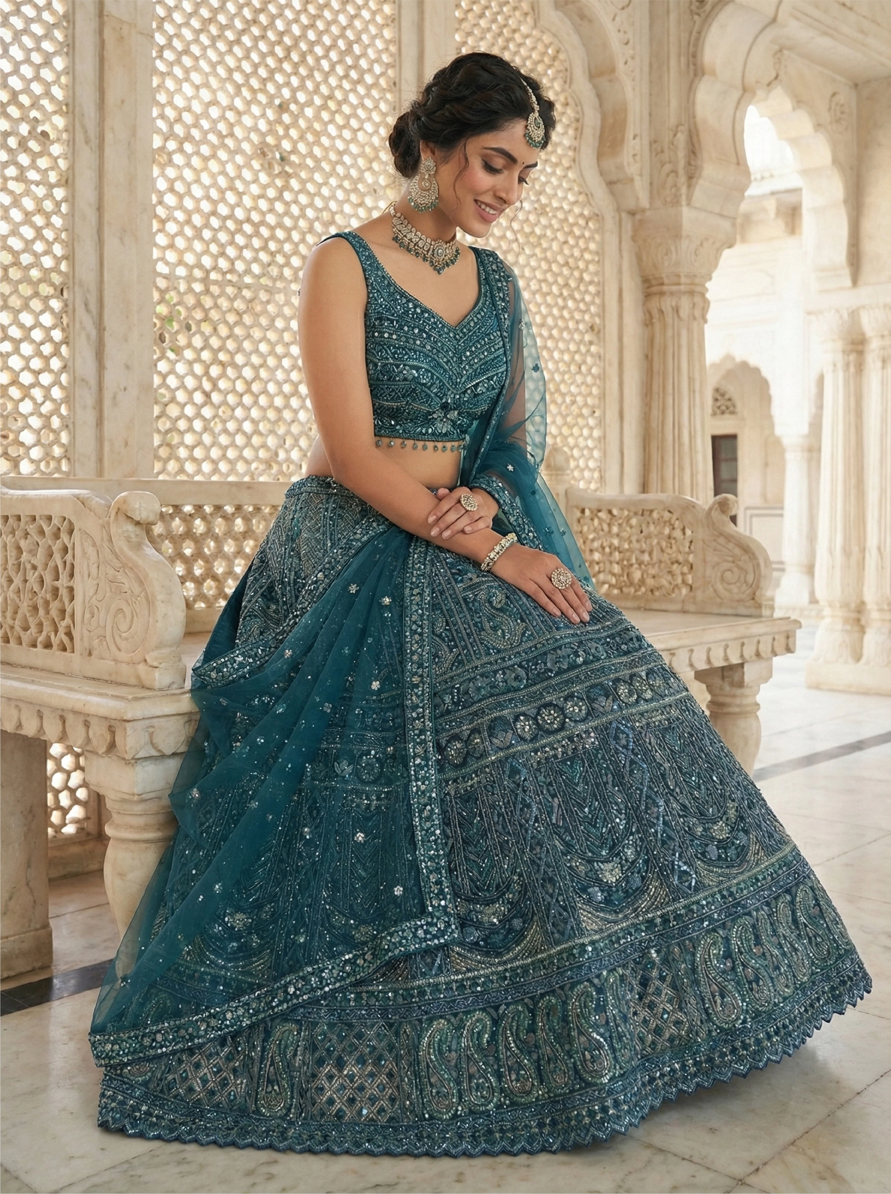 Green Net Heavy Hand Embroidered Ghagra Set - Image 3