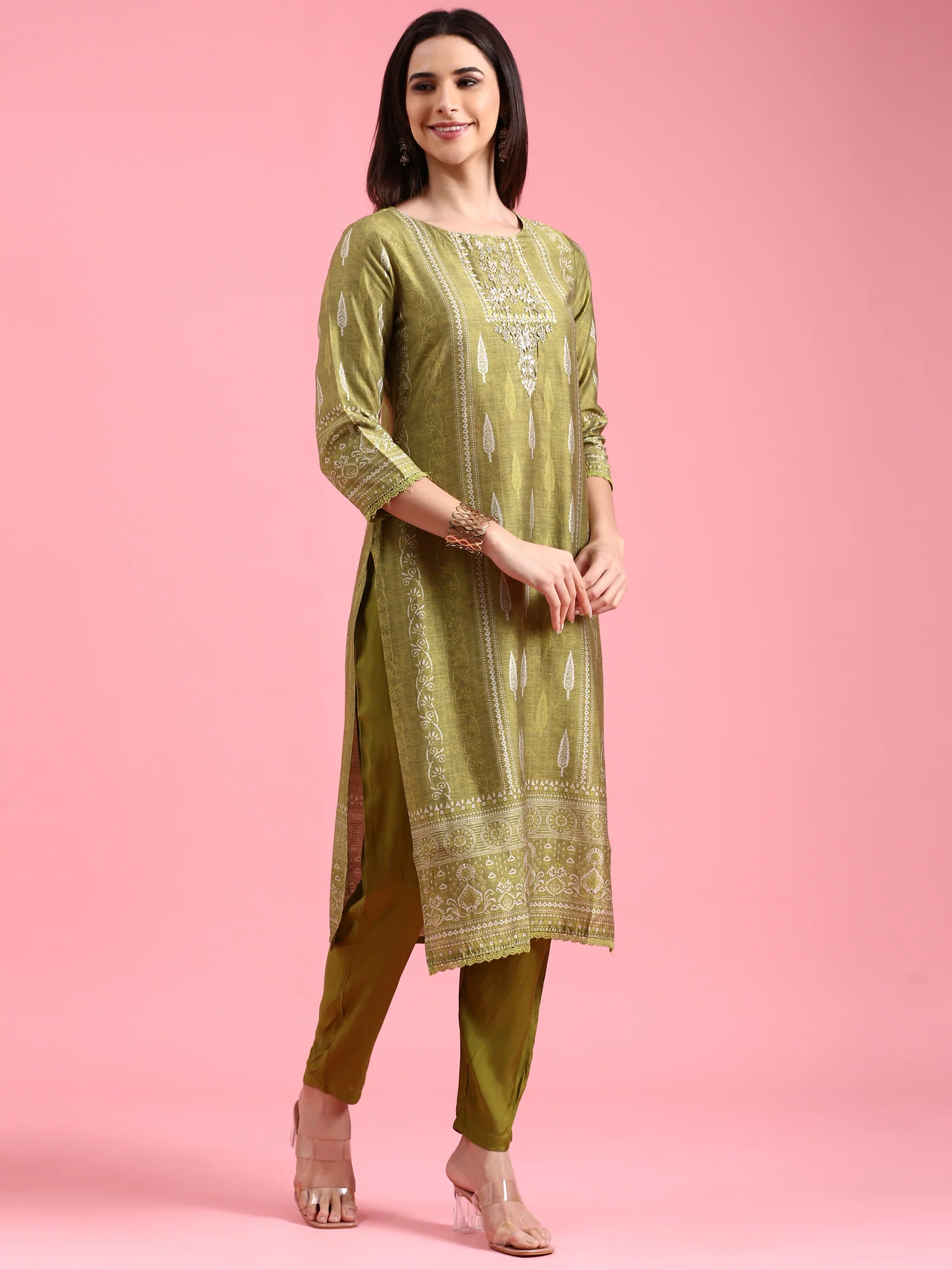 Green Organza Printed Embroidered Three Piece Set - Image 3