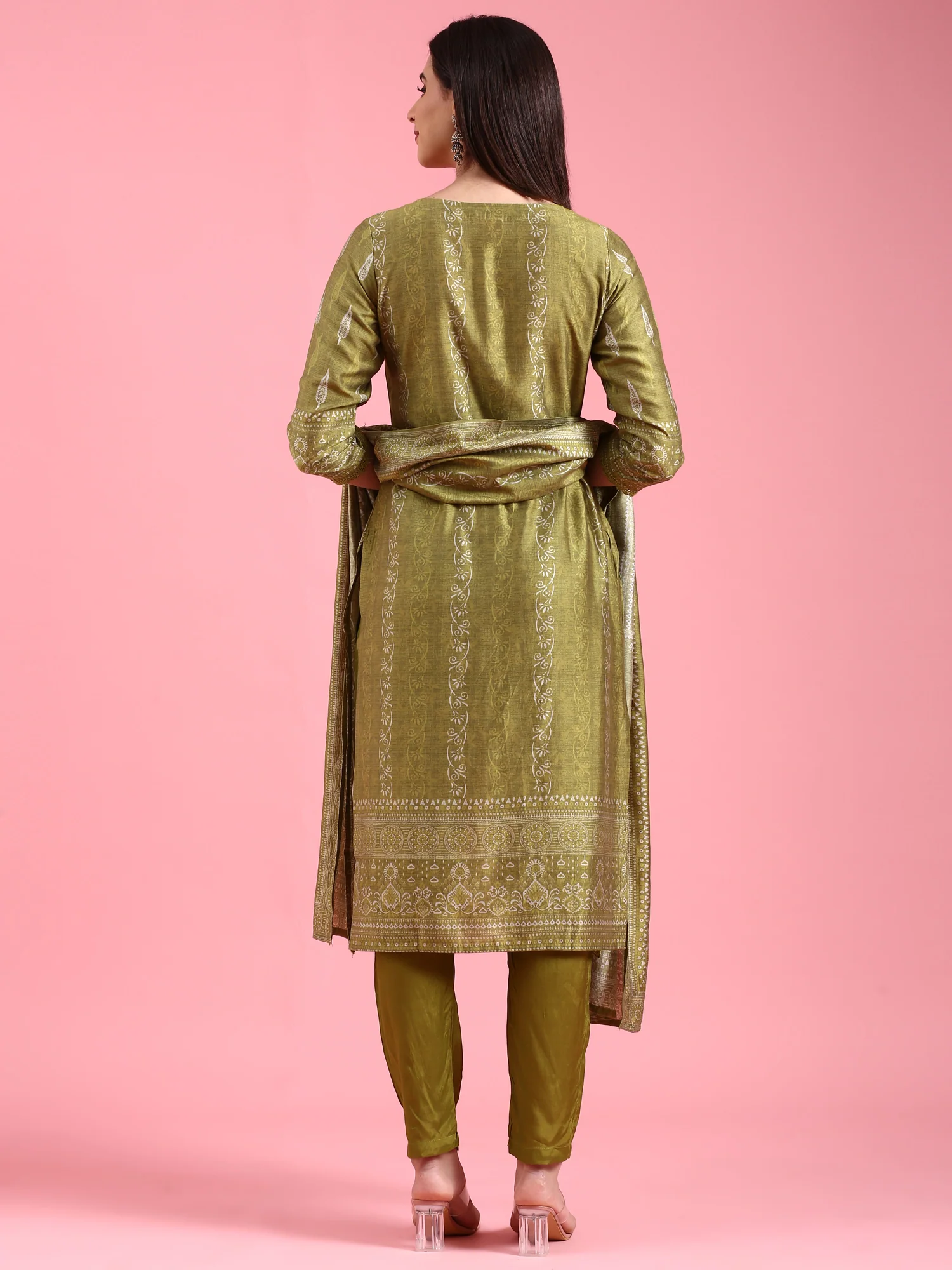Green Organza Printed Embroidered Three Piece Set - Image 4