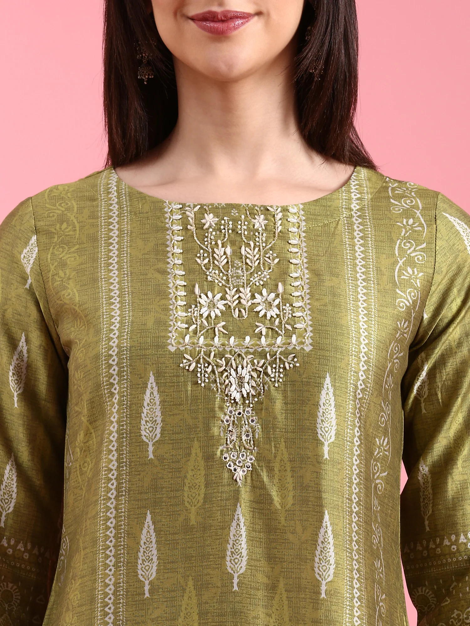 Green Organza Printed Embroidered Three Piece Set - Image 5