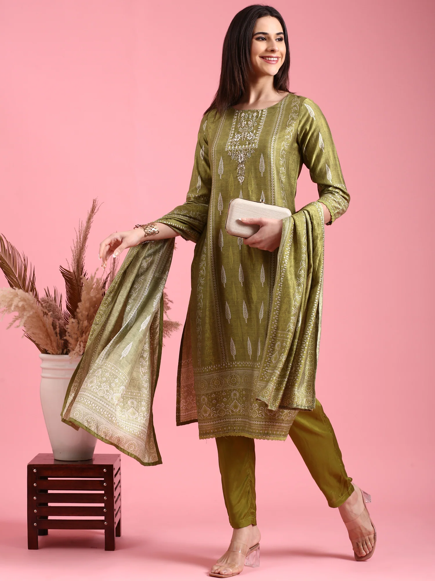 Green Organza Printed Embroidered Three Piece Set - Image 7