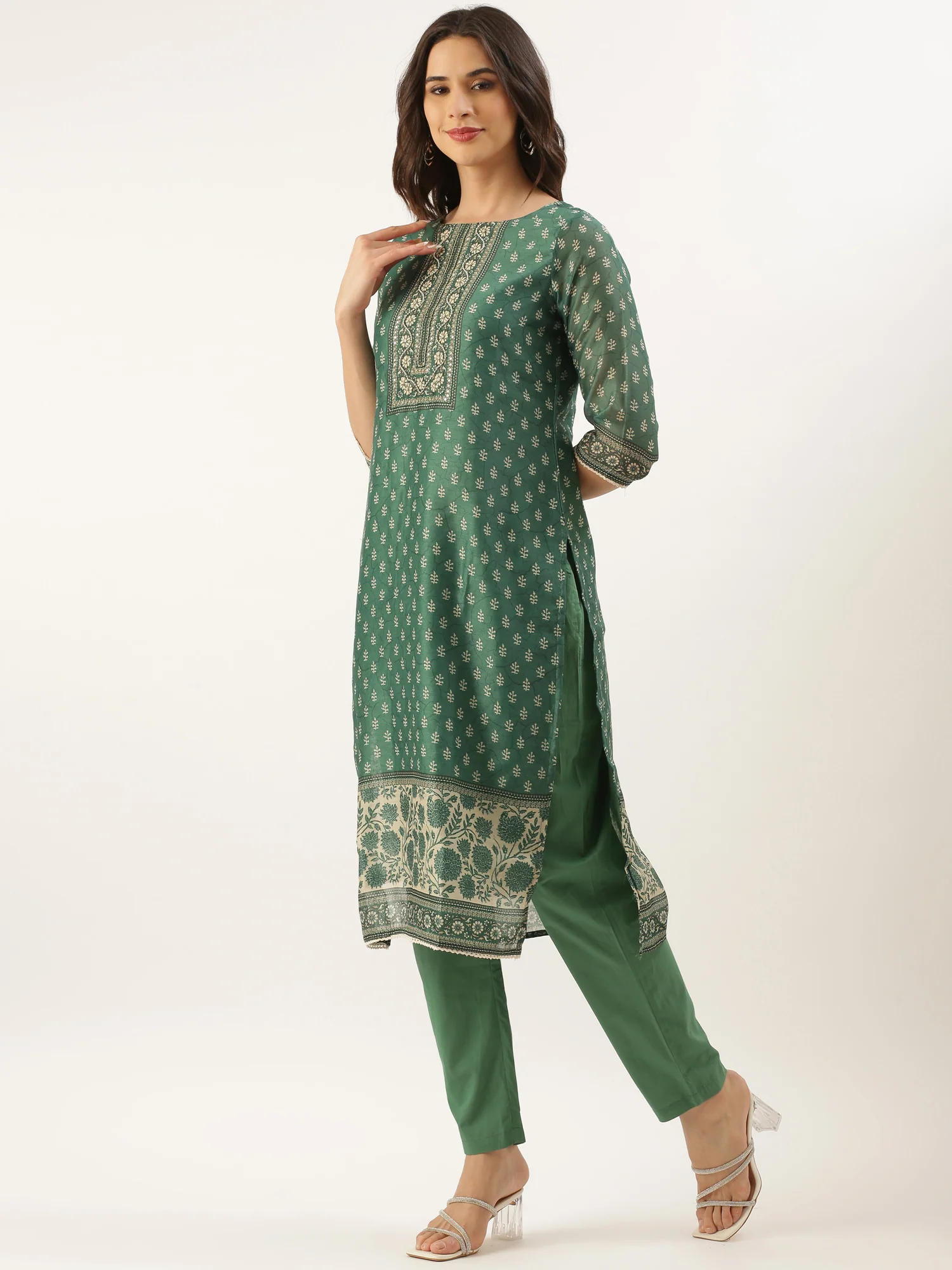 Green Organza Printed Three Piece Suit Set - Image 3
