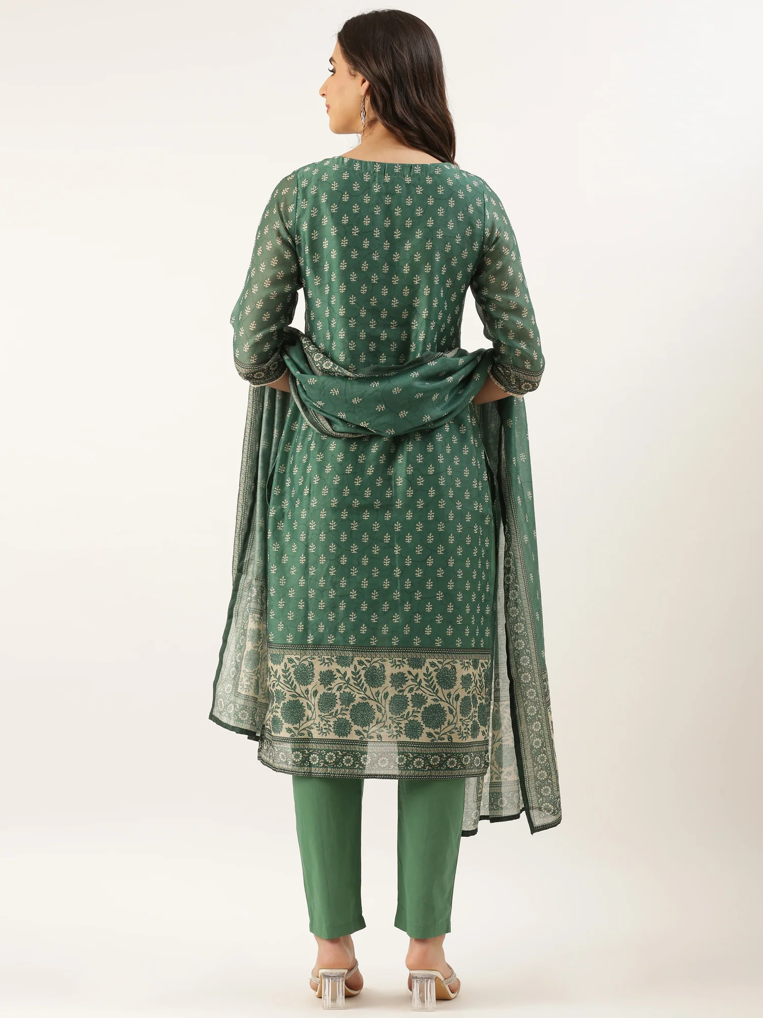 Green Organza Printed Three Piece Suit Set - Image 4