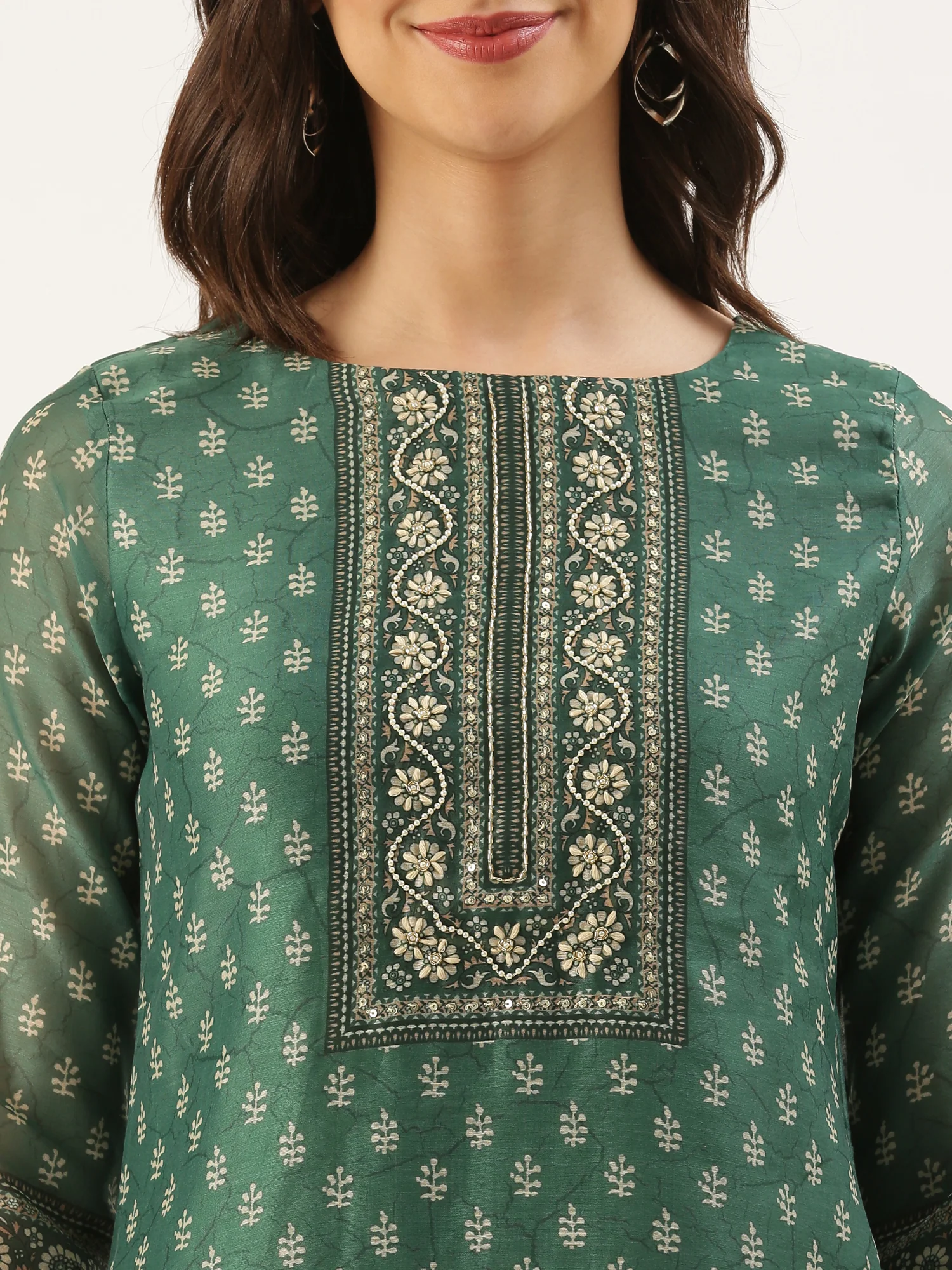 Green Organza Printed Three Piece Suit Set - Image 5