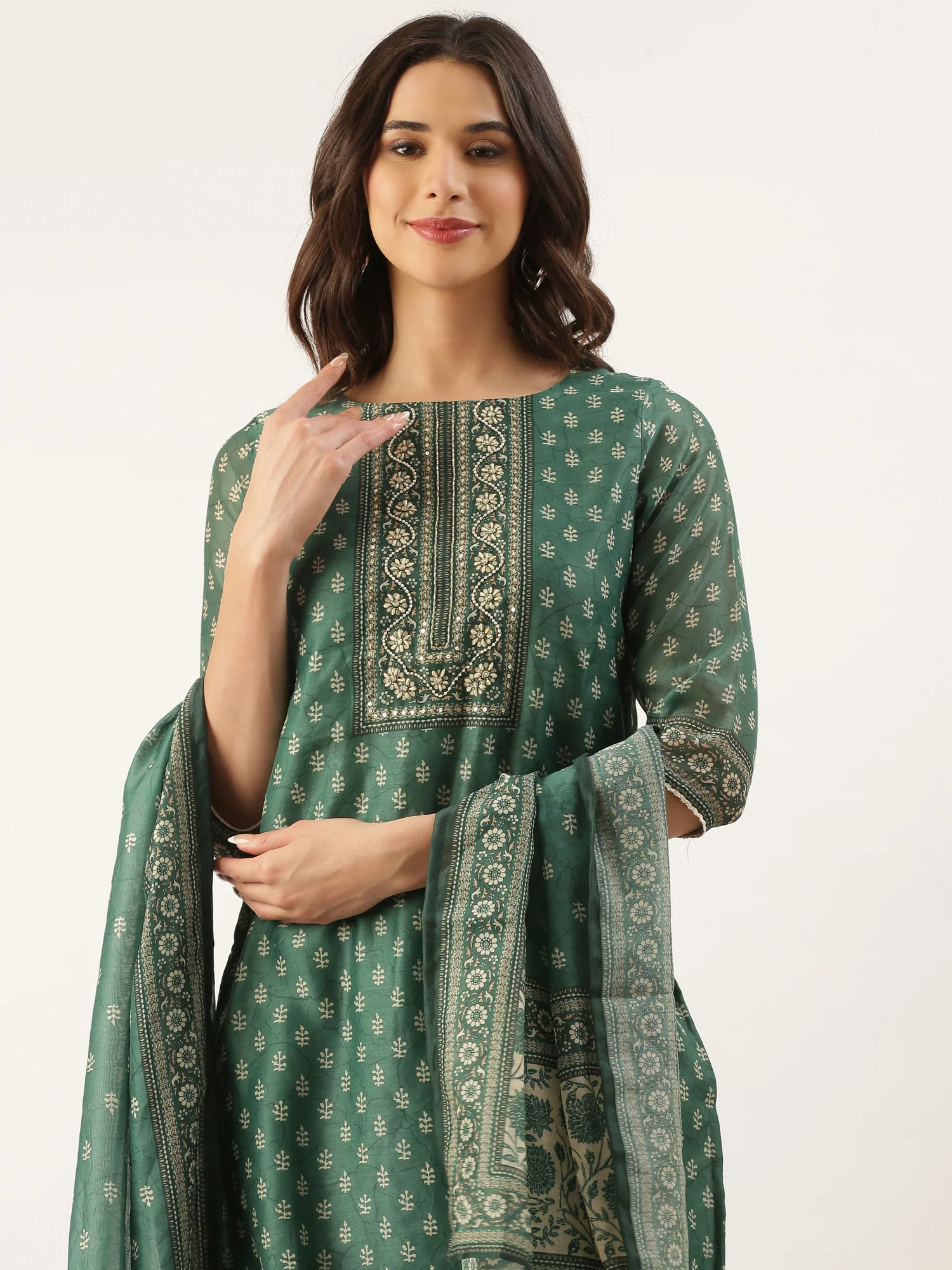 Green Organza Printed Three Piece Suit Set - Image 6