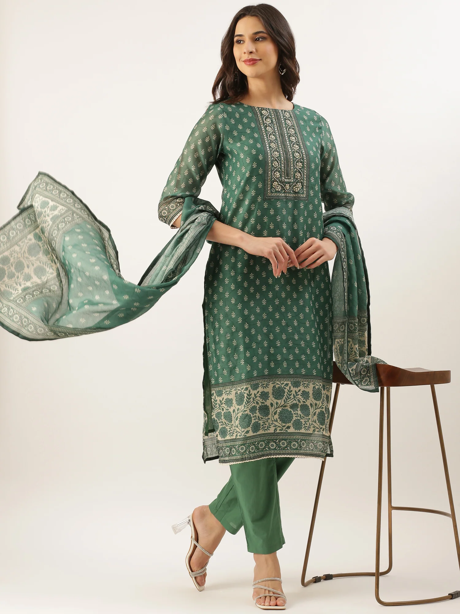 Green Organza Printed Three Piece Suit Set - Image 7