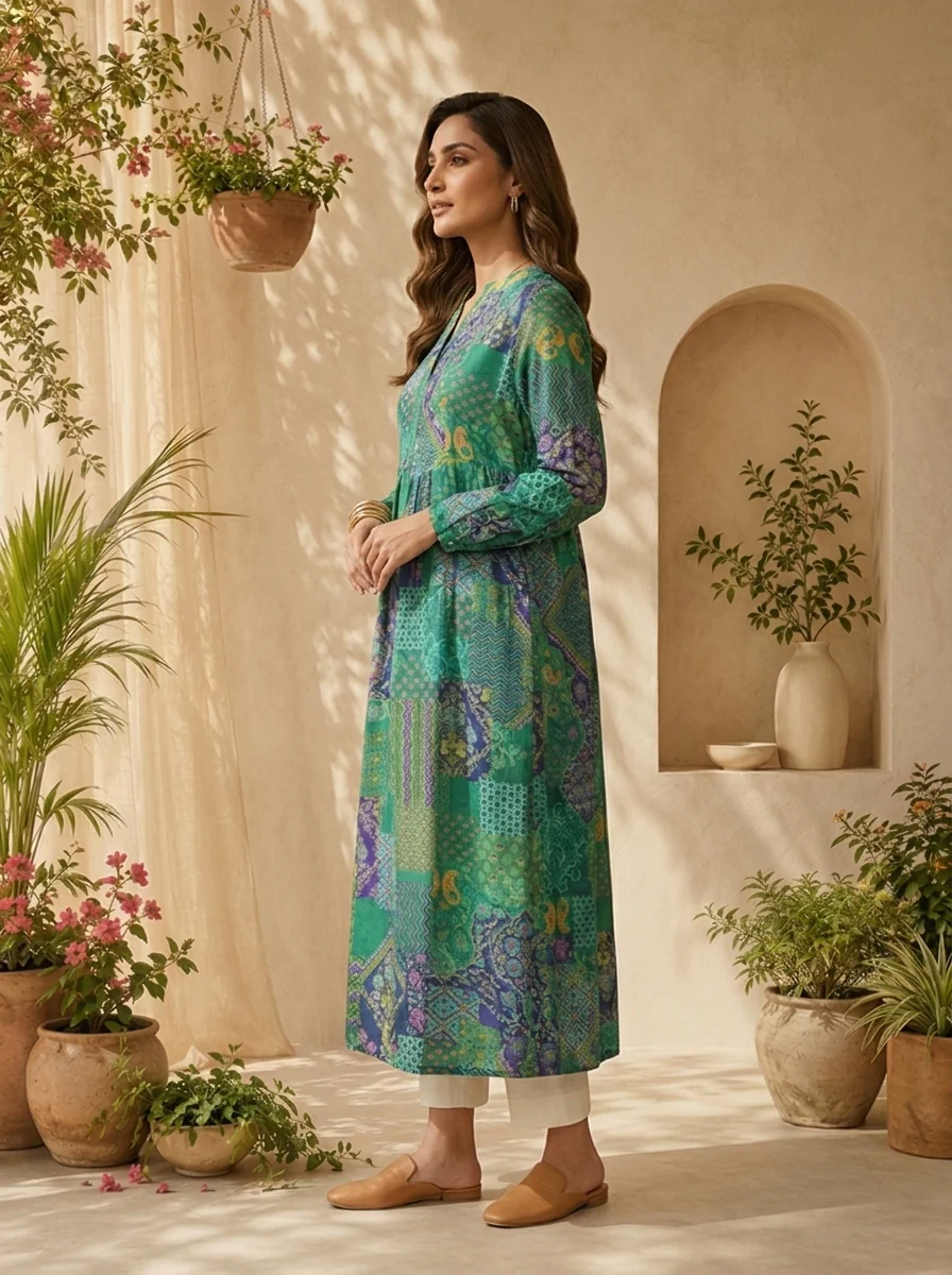Green Paisley Design And Digital Printed Silk Kurta - Image 3
