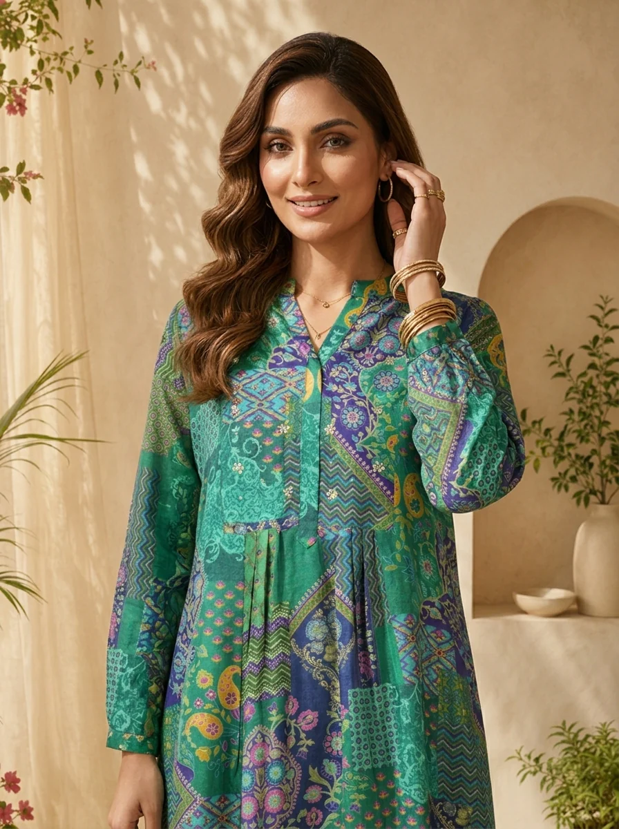 Green Paisley Design And Digital Printed Silk Kurta - Image 4