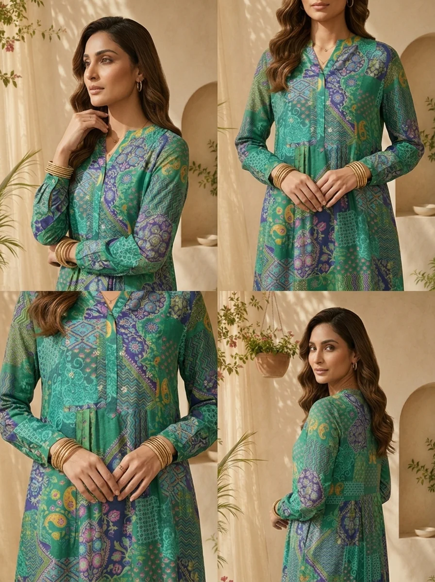 Green Paisley Design And Digital Printed Silk Kurta - Image 5