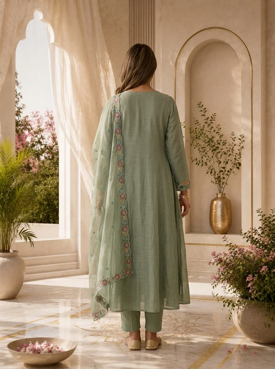 Green Pleated Design And Floral Thread Embroidery Chanderi Three Piece Set - Image 4