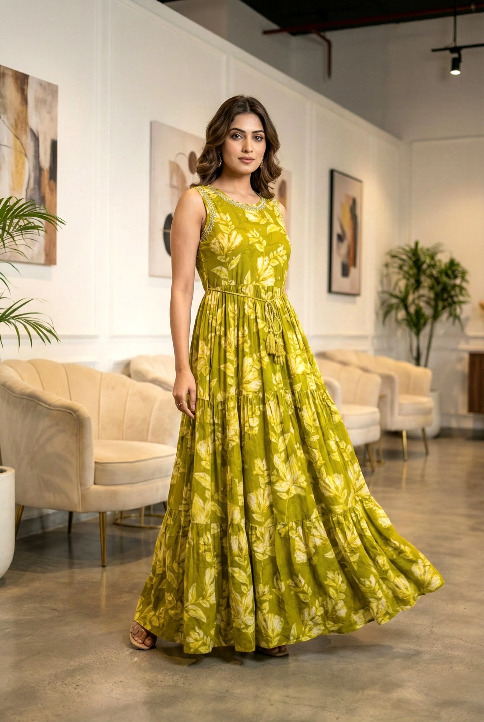 Green Rayon Floral Printed Long Dress