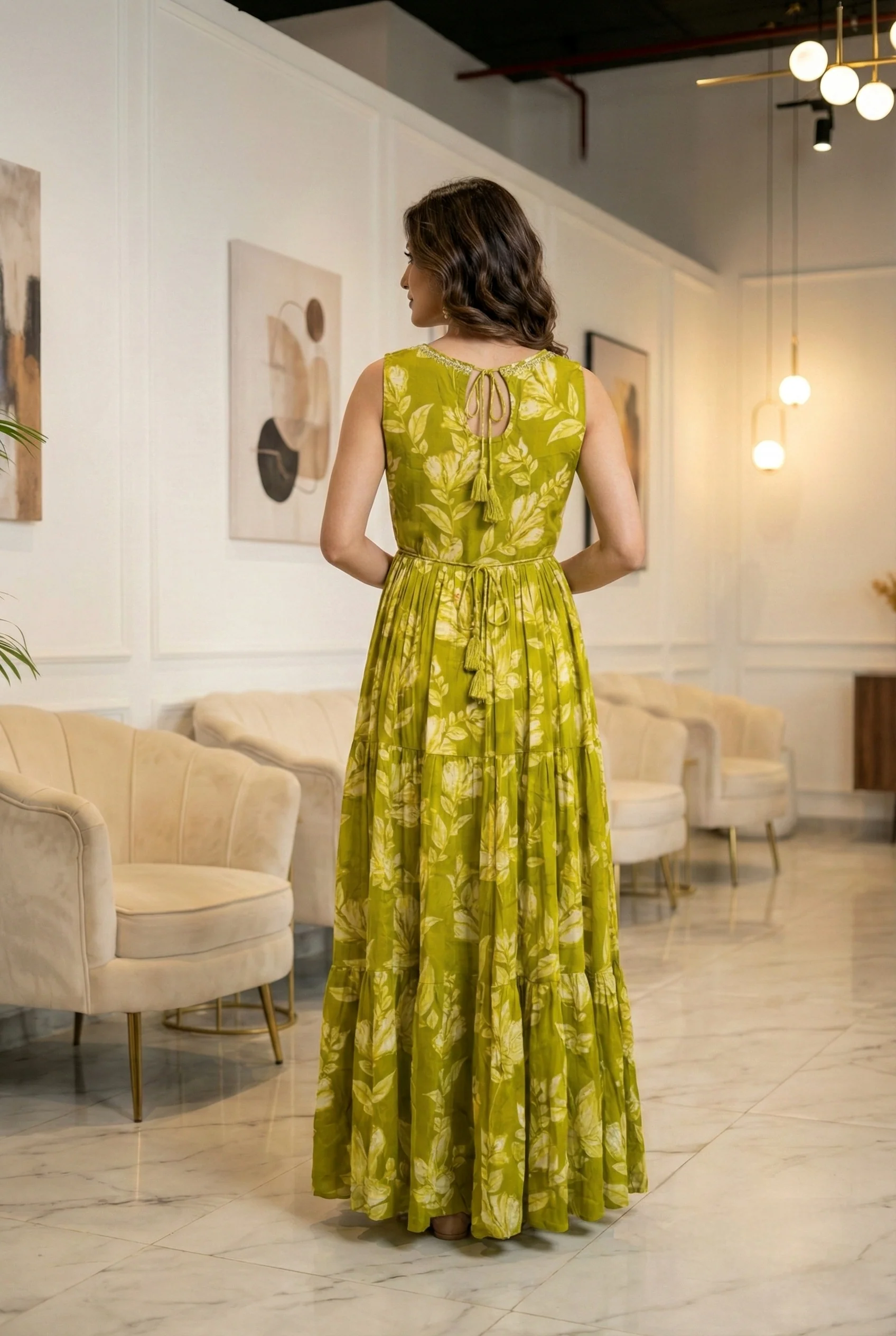 Green Rayon Floral Printed Long Dress - Image 3