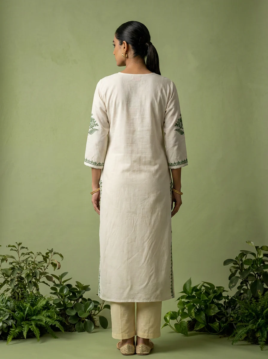 Green Rayon Heavy Floral And Paisley Thread Embroidery Kurta - Image 3