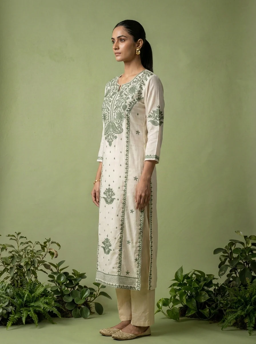 Green Rayon Heavy Floral And Paisley Thread Embroidery Kurta - Image 4