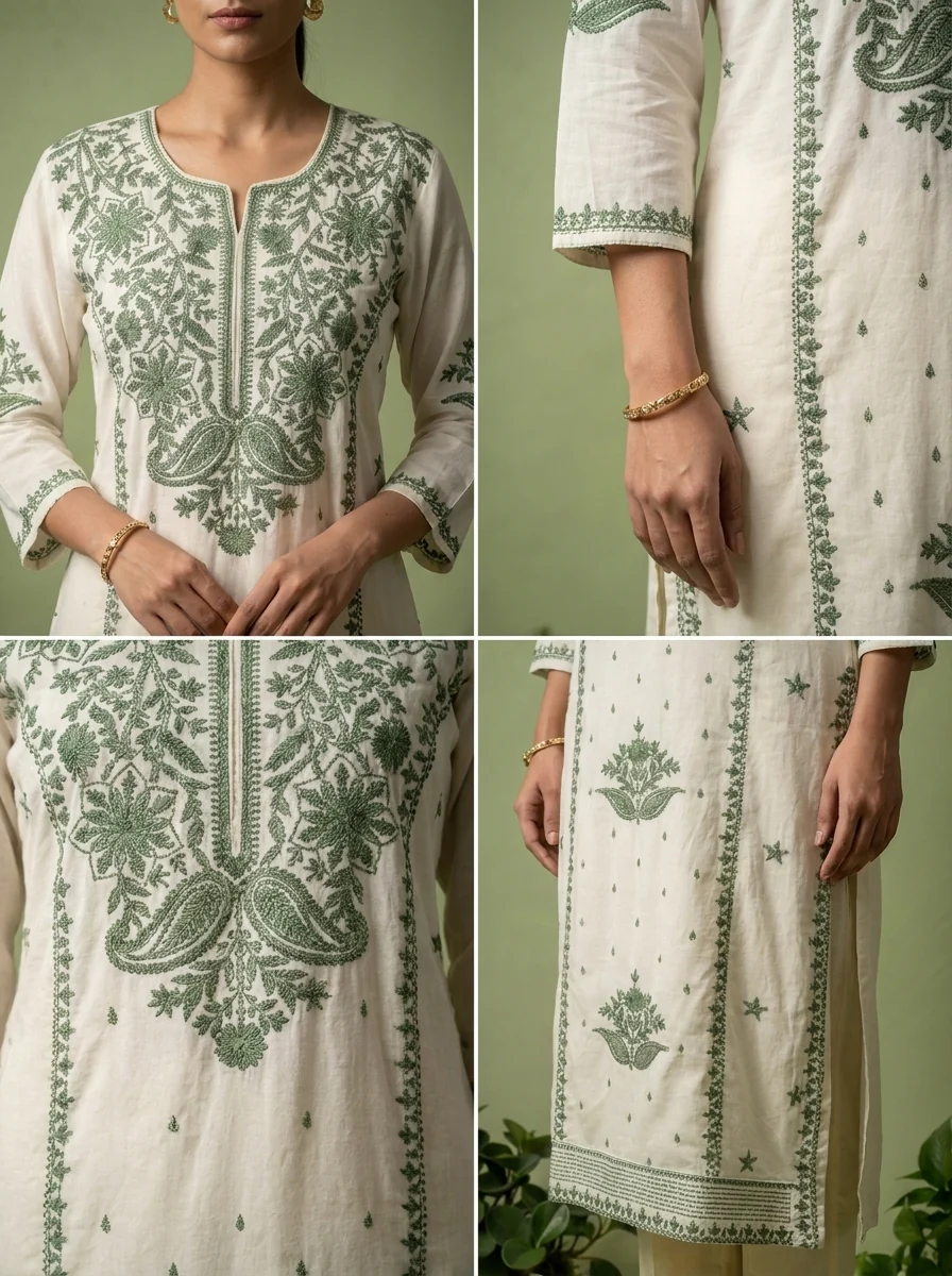 Green Rayon Heavy Floral And Paisley Thread Embroidery Kurta - Image 5