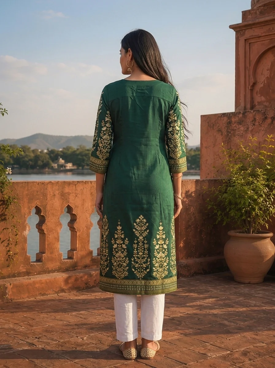 Green Rayon Floral Motifs Printed Kurta - Image 2