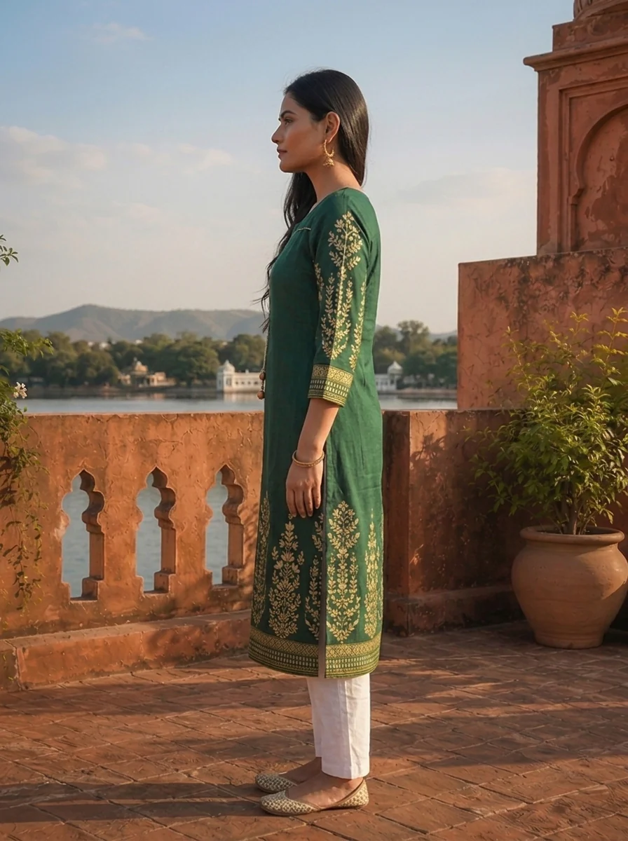 Green Rayon Floral Motifs Printed Kurta - Image 3
