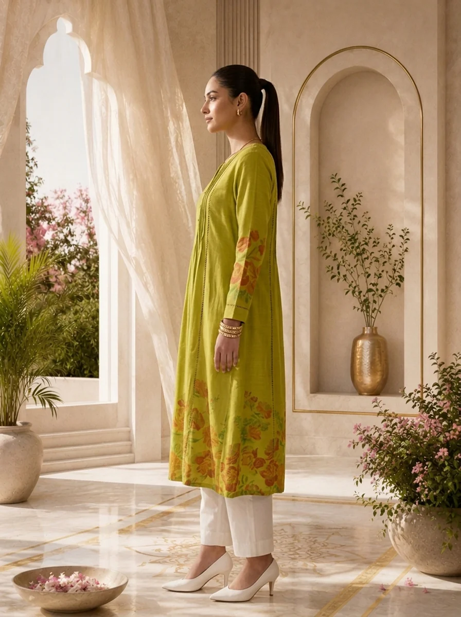 Green Rayon Pleated Design Kurta - Image 3