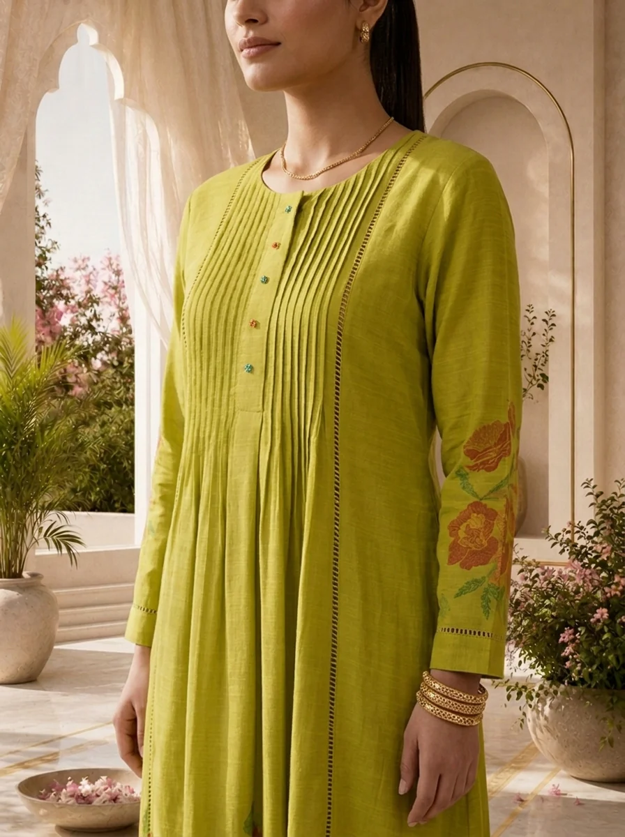 Green Rayon Pleated Design Kurta - Image 4