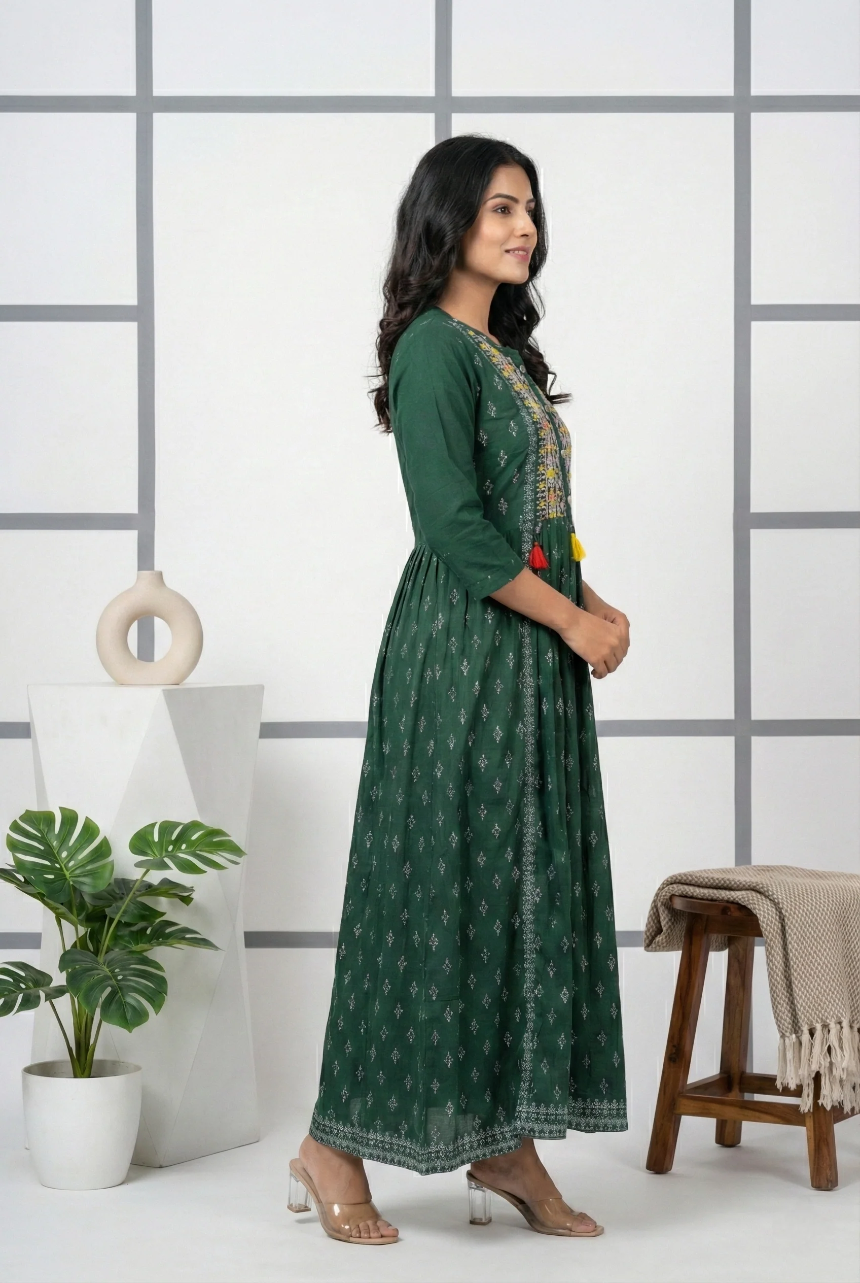 Green Rayon Printed Long Dress - Image 2