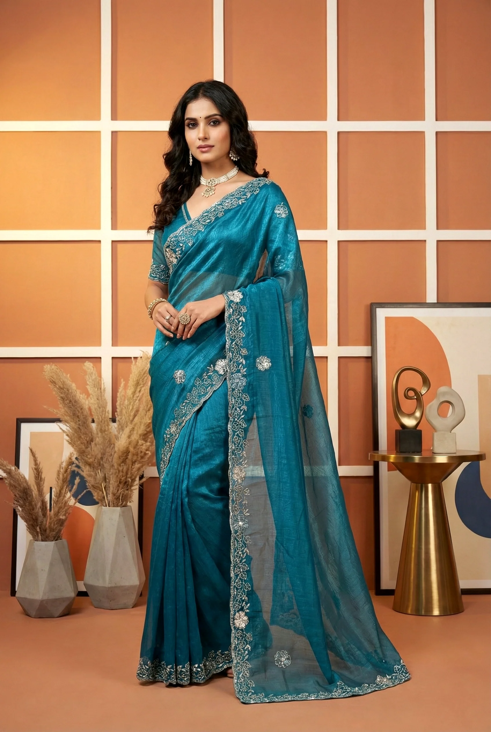 Green Sequins And Aari Embroidery Organza Saree