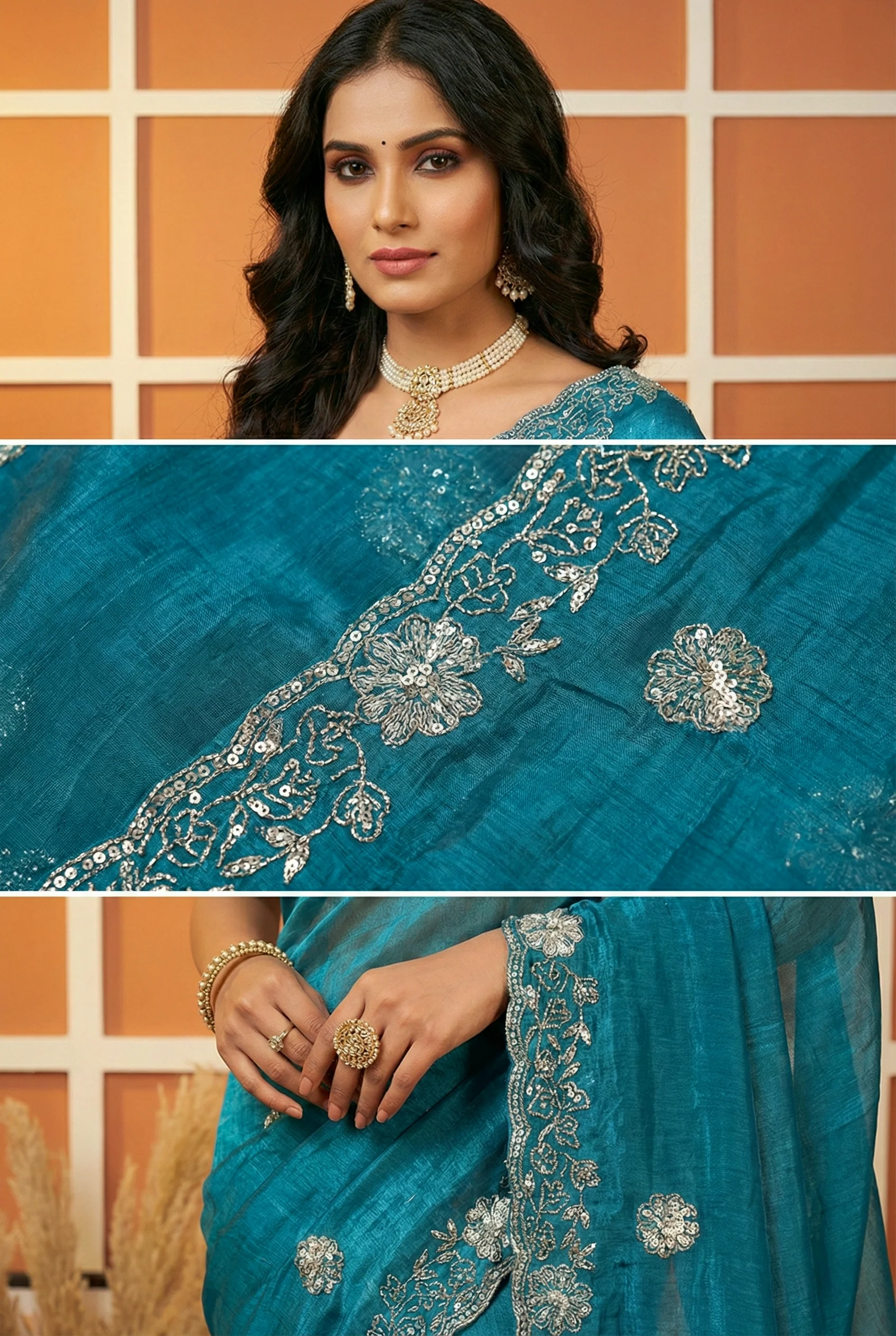 Green Sequins And Aari Embroidery Organza Saree - Image 2