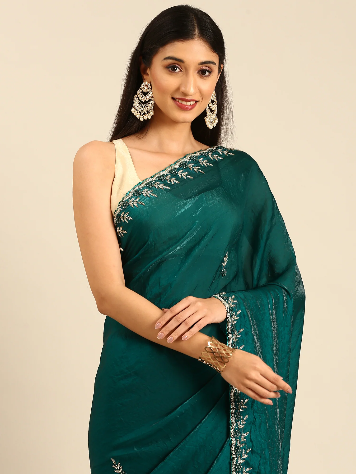 Green shimmer tissue saree with cut Dana & Swarovski embroidery - Image 3