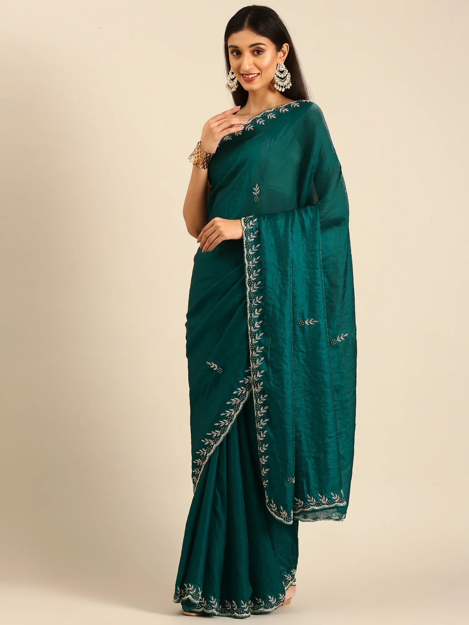 Green shimmer tissue saree with cut Dana & Swarovski embroidery - Image 4