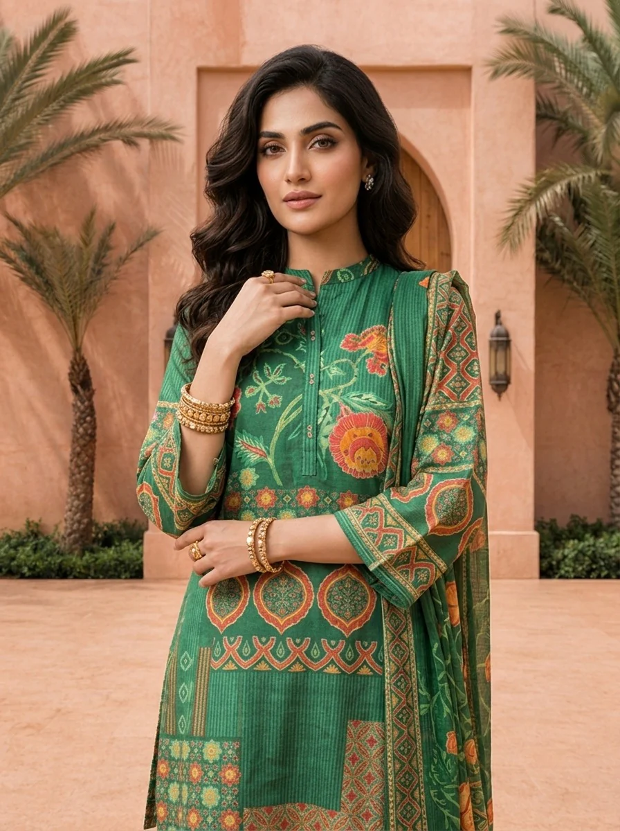 Green Silk Floral Printed Co-ord Set - Image 4