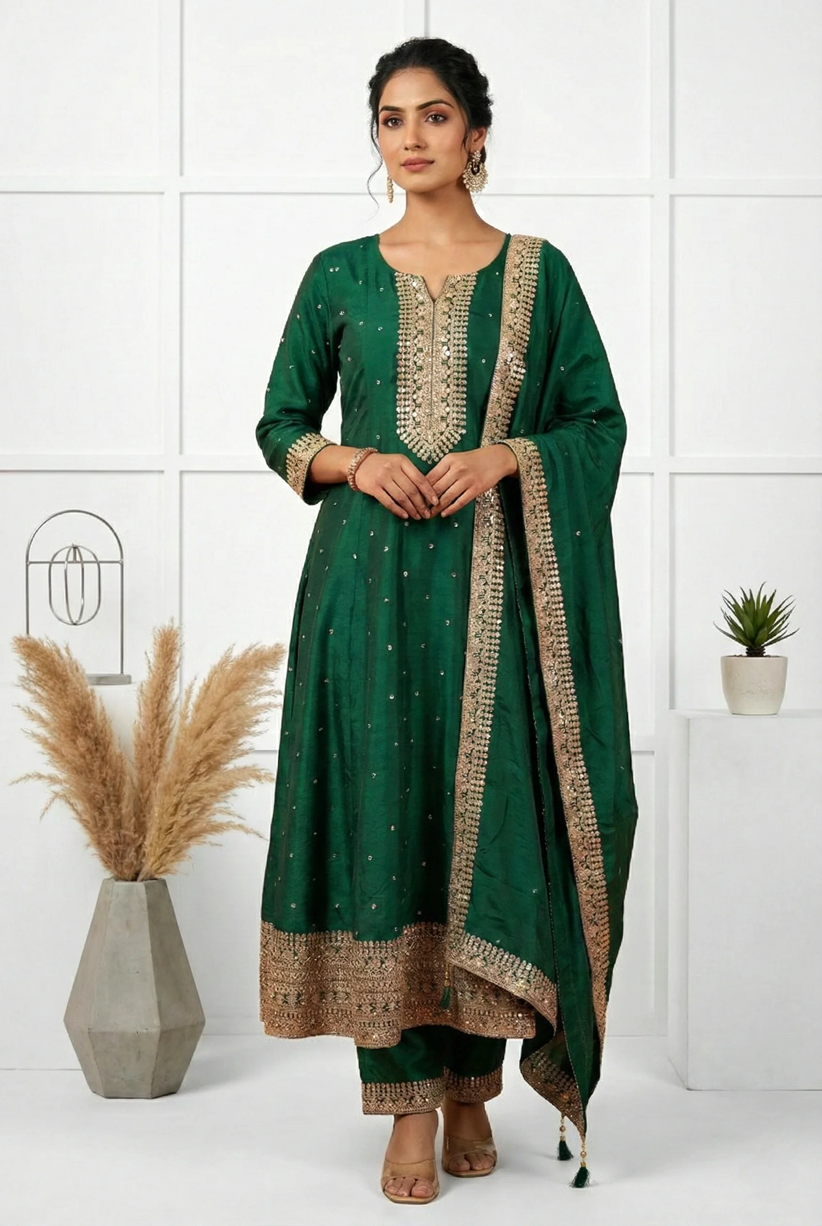 Green Silk Hand Embroidery Three Piece Set