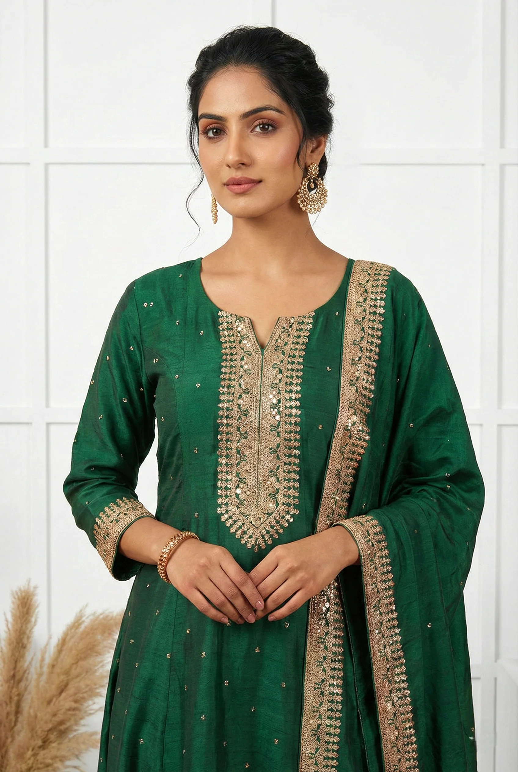 Green Silk Hand Embroidery Three Piece Set - Image 2