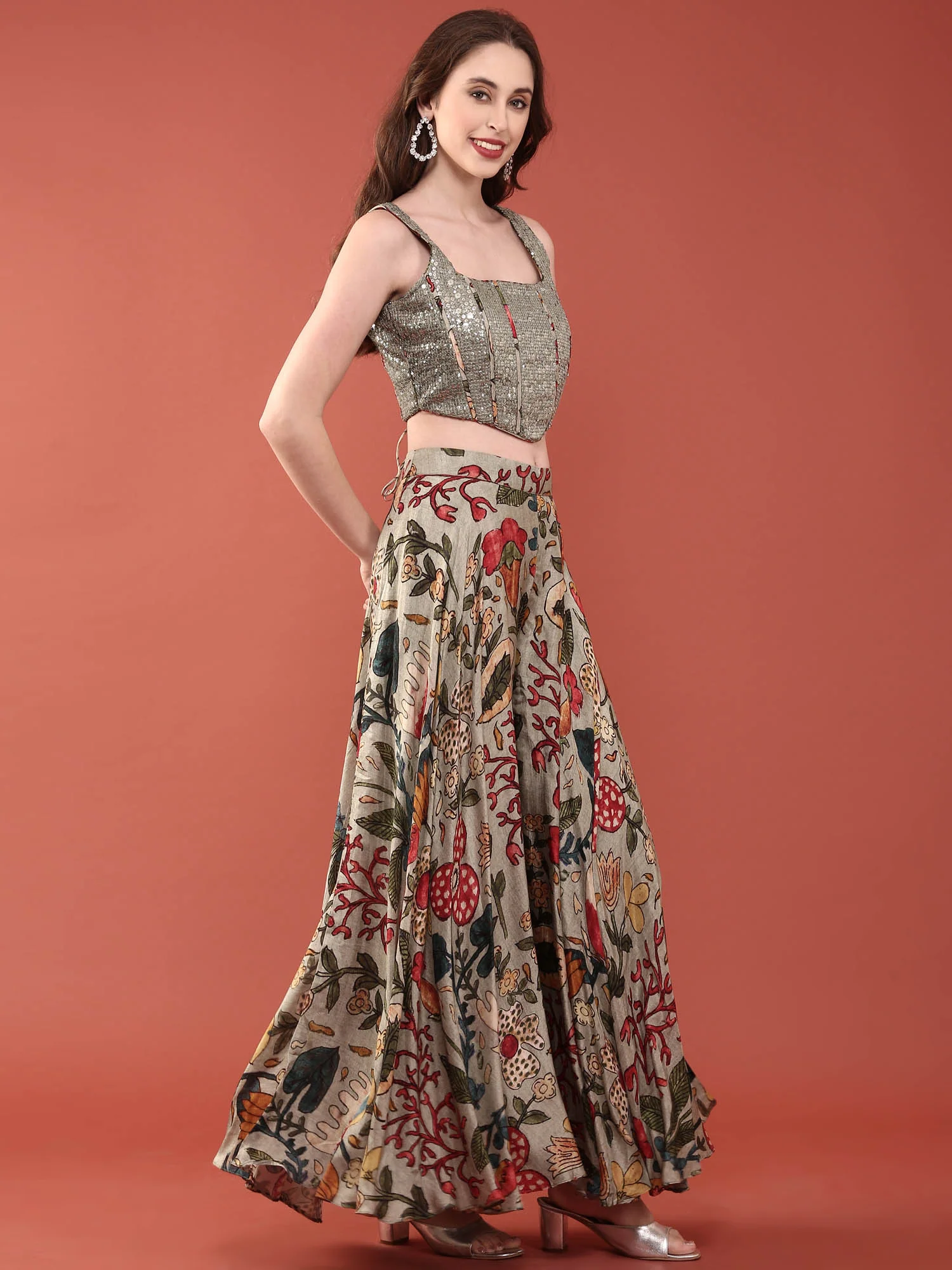 Green Silk Heavy Sequence Embroidery Crop Top With Palazzo - Image 3