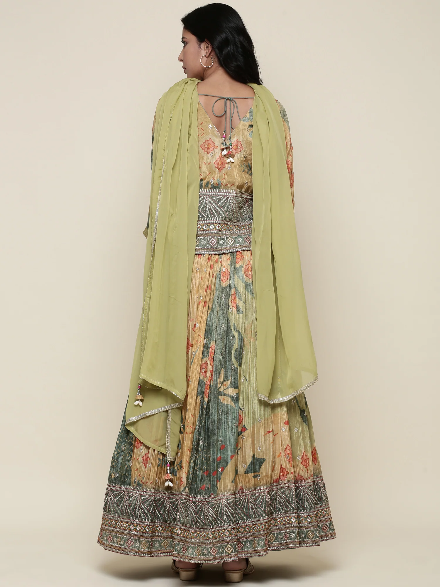 Green tissue embroidered jacket ghagra set - Image 3