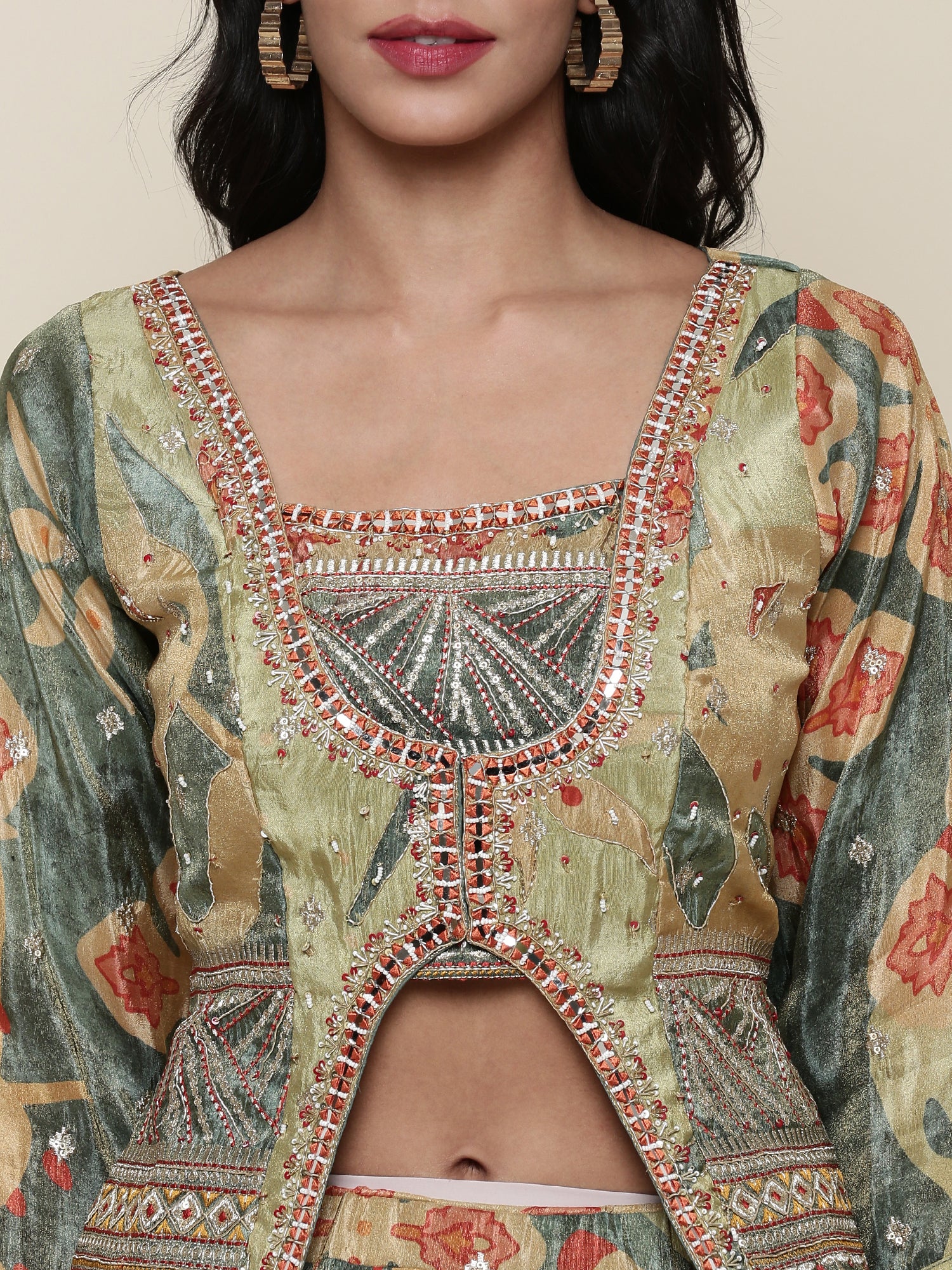 Green tissue embroidered jacket ghagra set - Image 4