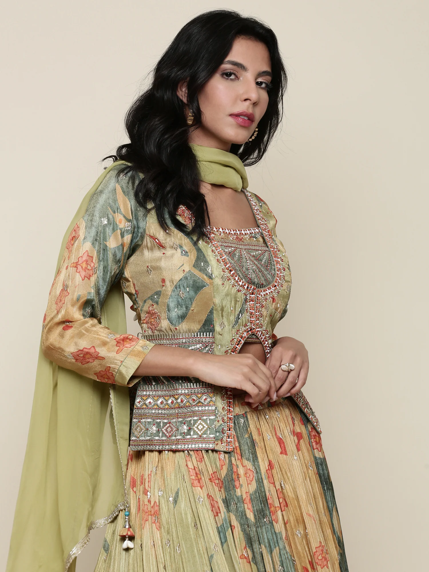Green tissue embroidered jacket ghagra set - Image 5