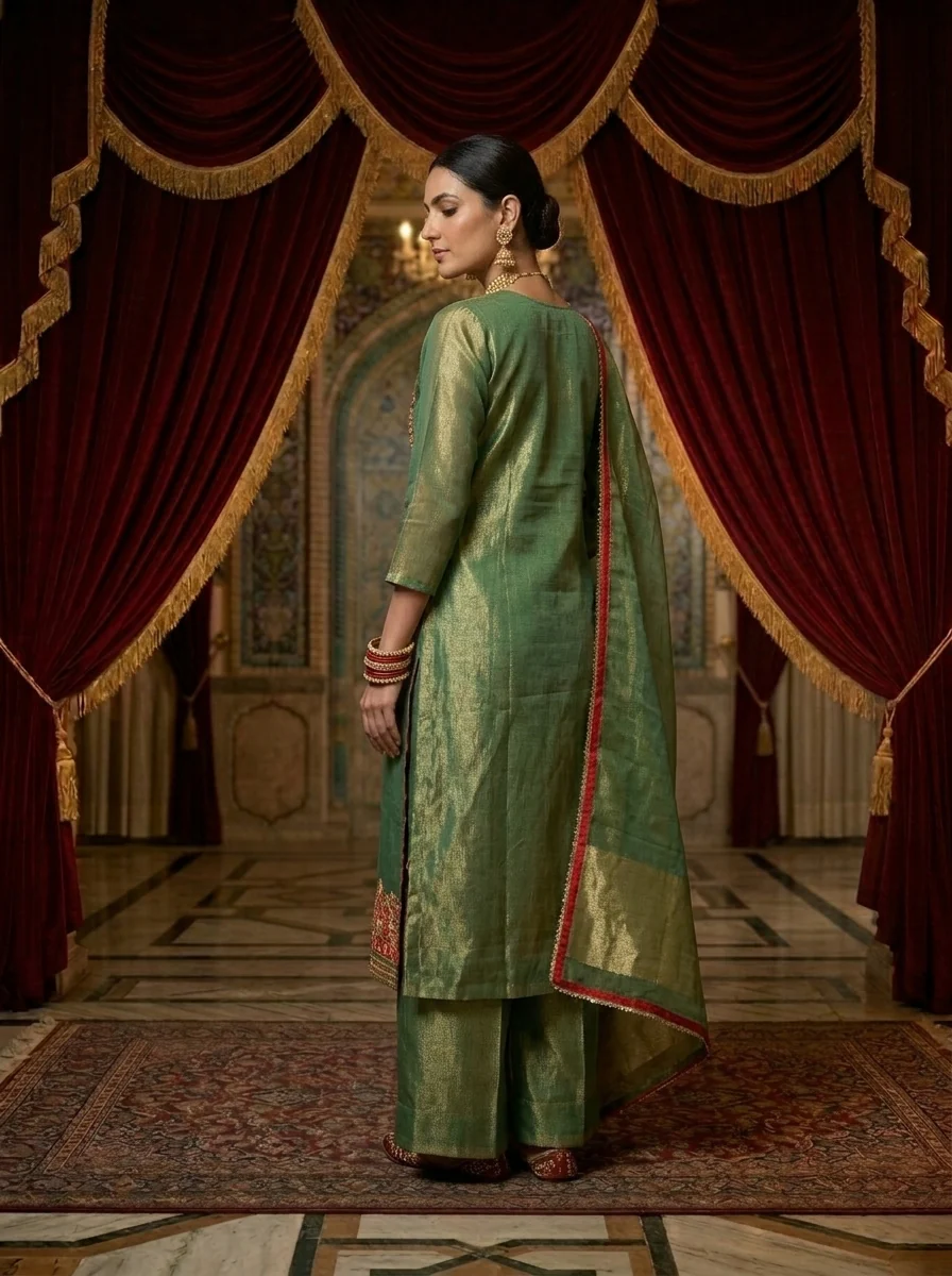 Green Tissue Floral Zari Embroidery Three Piece Set - Image 2