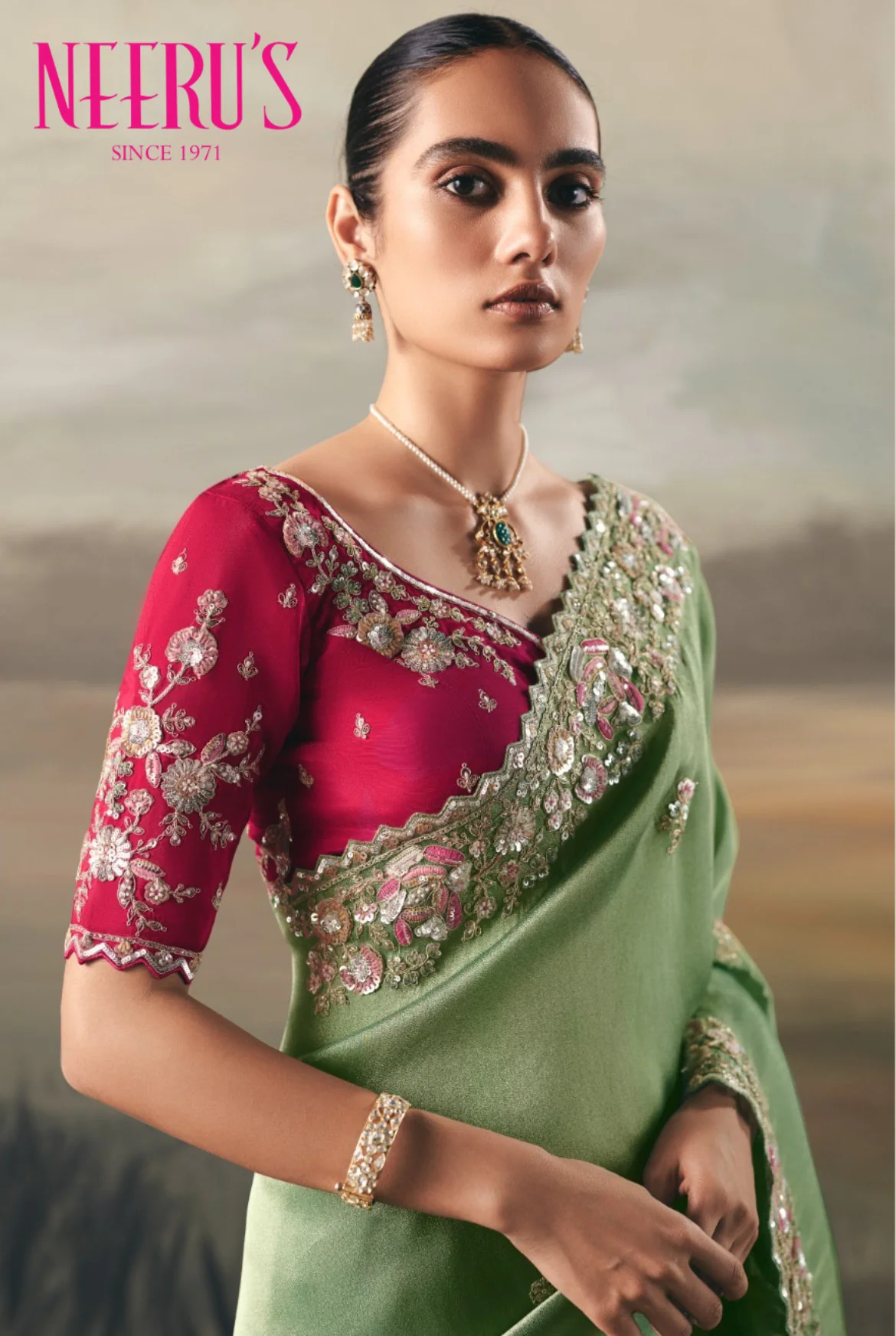 Green Tissue Saree With Sequins And Zari Work - Image 2