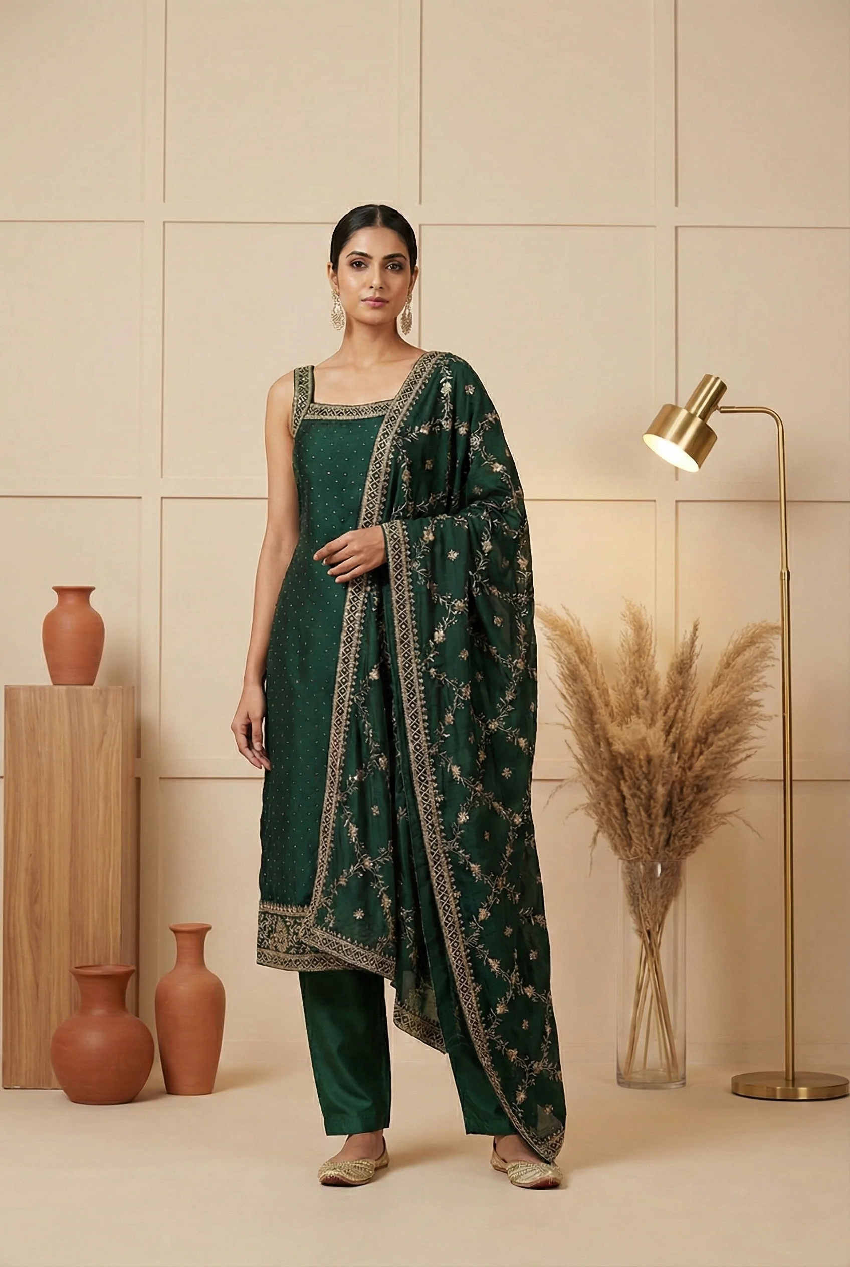 Green Vichitra Silk Embroidery Three Piece Set