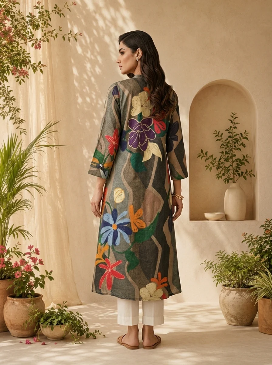 Grey Abstract Floral Print A-Line Silk Kurta - Image 2