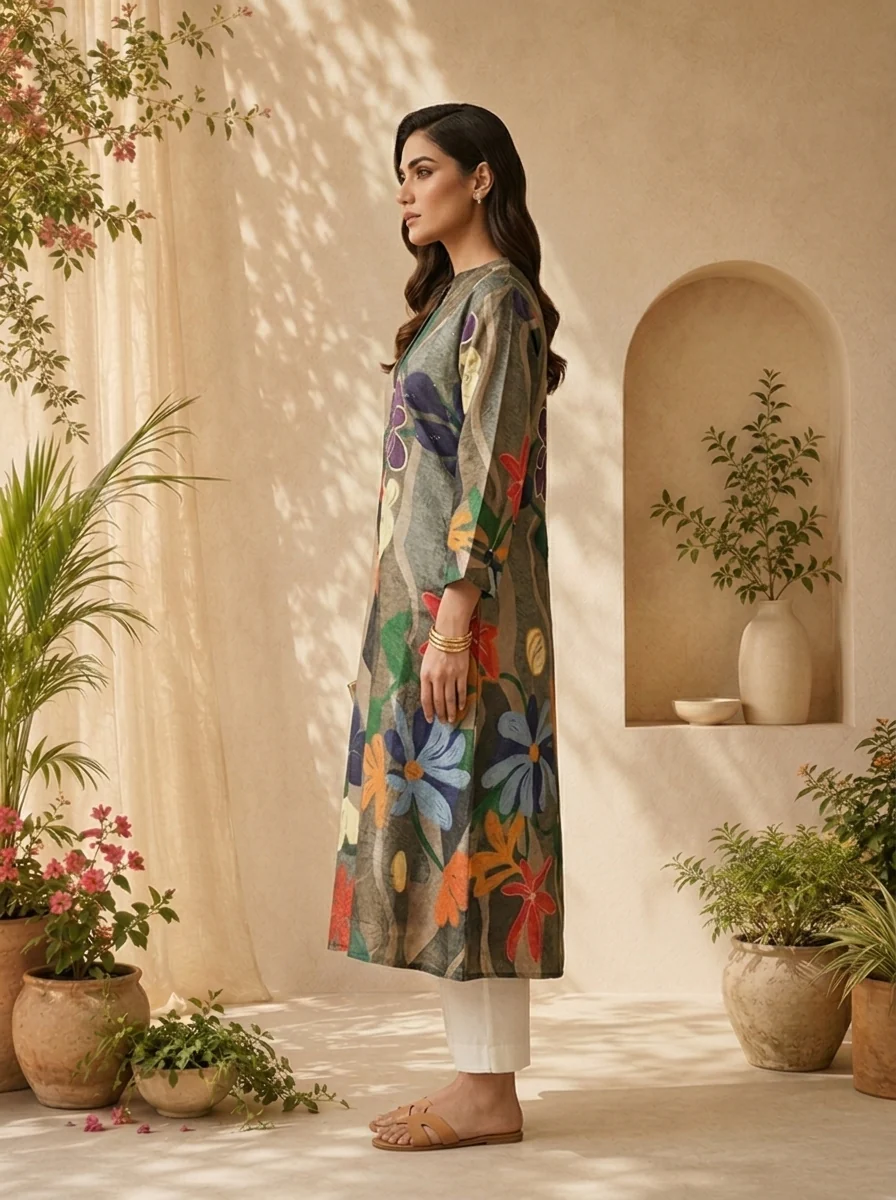 Grey Abstract Floral Print A-Line Silk Kurta - Image 3