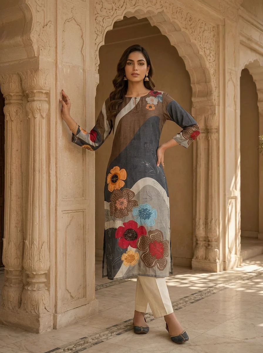 Grey Abstract Floral Print Ethnic Silk Kurta - Image 2