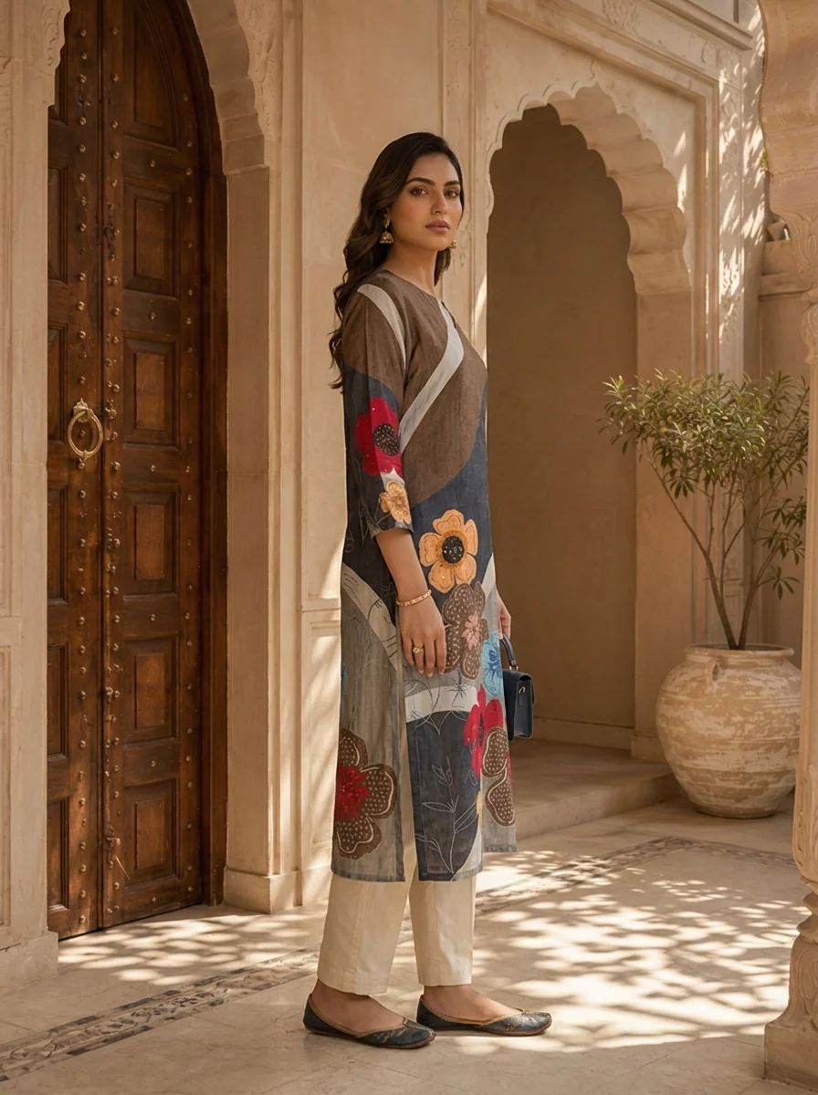 Grey Abstract Floral Print Ethnic Silk Kurta - Image 5