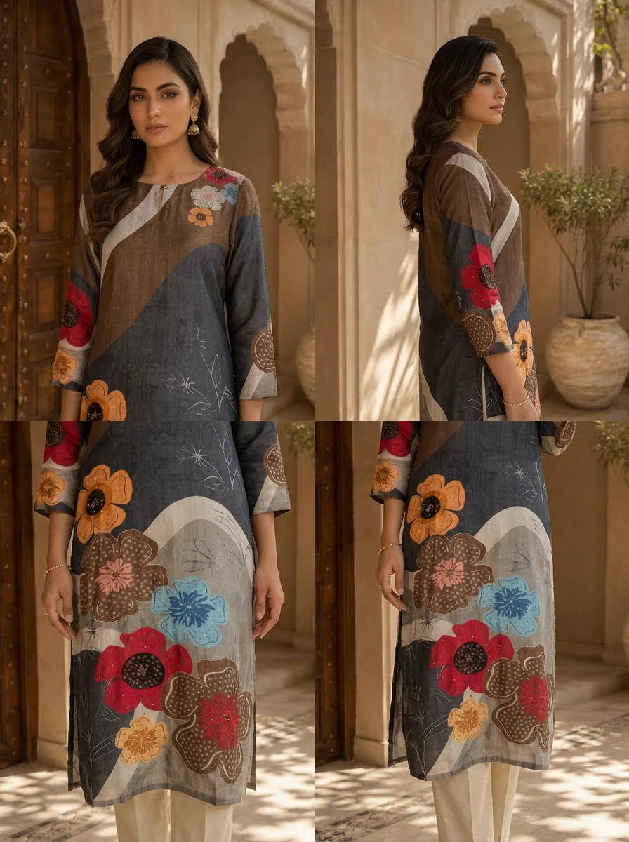 Grey Abstract Floral Print Ethnic Silk Kurta - Image 6